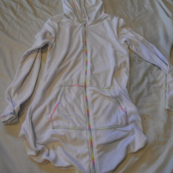 Breaking Waves Girls Size 14 Beach Cover Up Full Zip White Rainbow Pockets Hood - Picture 1 of 11